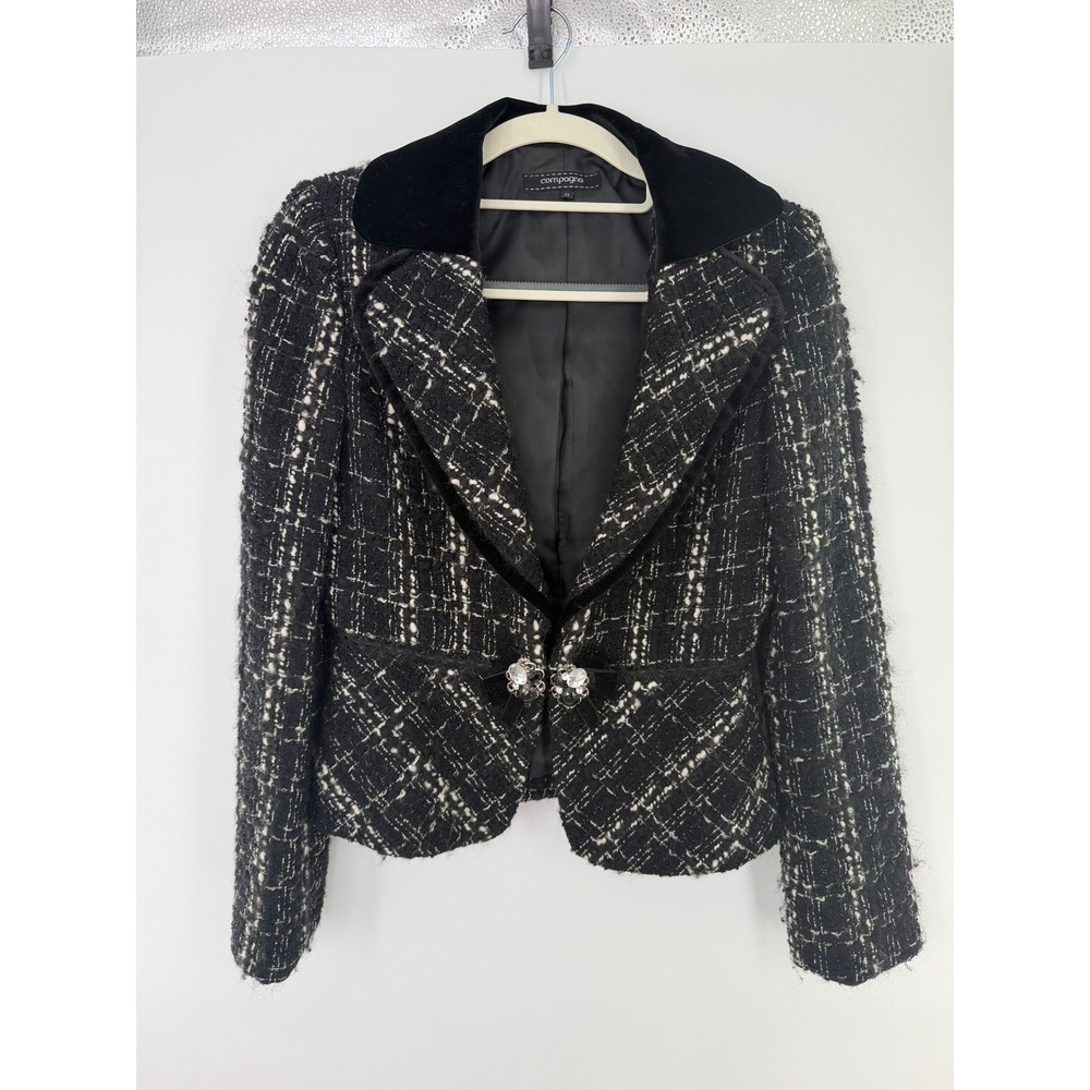 Compagna Black White Tweed Blazer Velvet Collar Crystal Butterfly Size Small